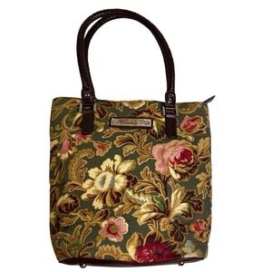 VTG Longaberger Top Handle Satchel Purse Tote Bag Canvas Floral Leaves Footed